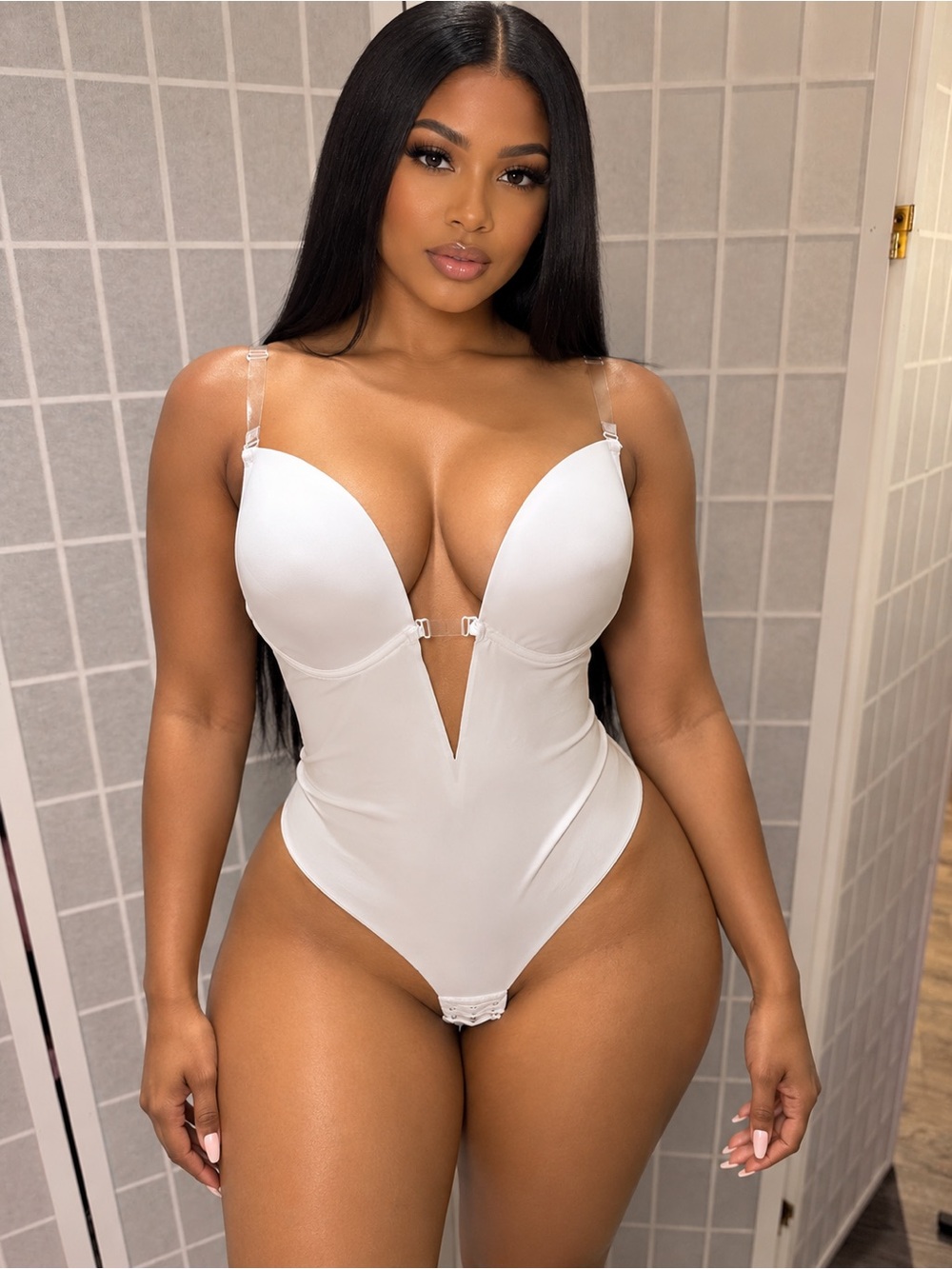 Padded Plunge V-Front White Body shaper with Clear Straps